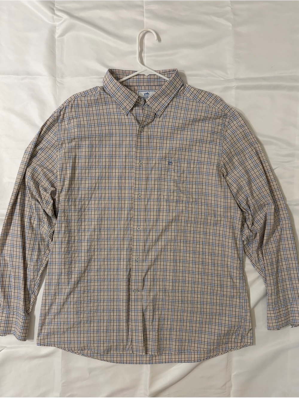Southern Tide Beige and Blue Plaid Button-Down Shirt